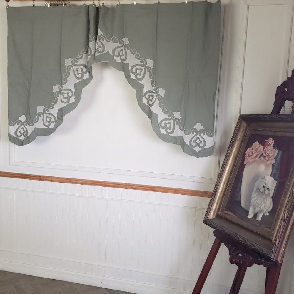 Vintage JC Penney Linen Swag Curtains with Sheer design 70 x 38 Sage Green